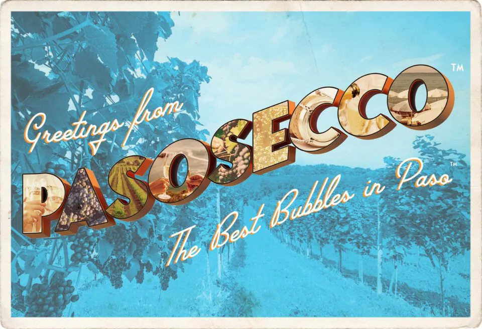 Postcard showing Greetings from Paso Robles, the best bubbles in Paso