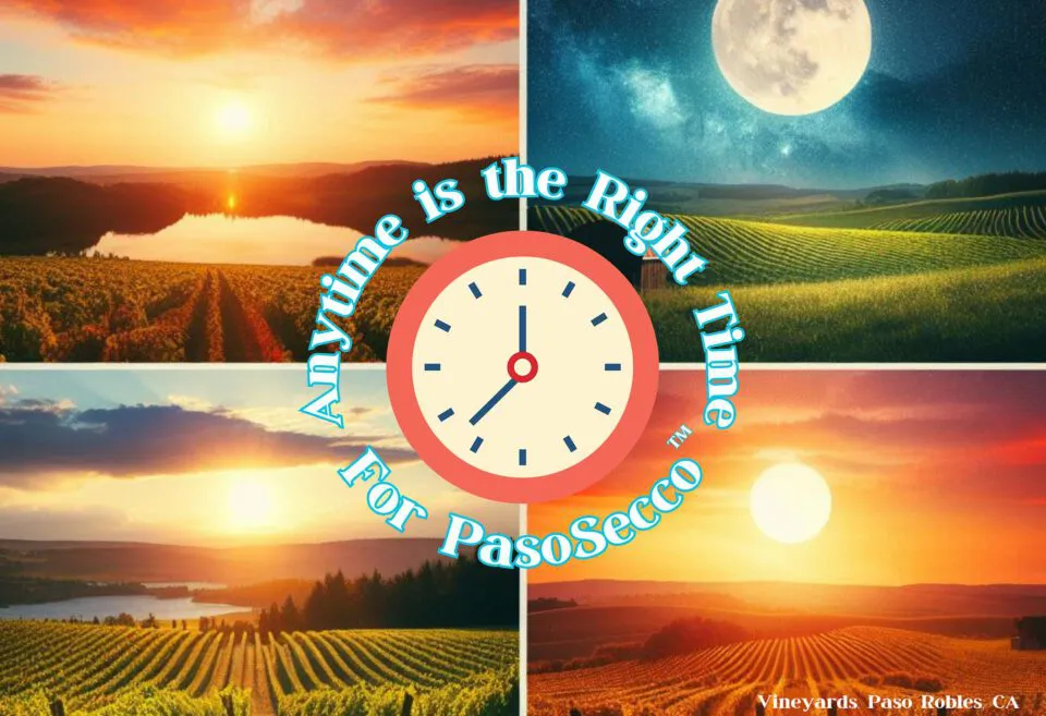 Postcard with clock that says Anytime is the right time for PasoSecco