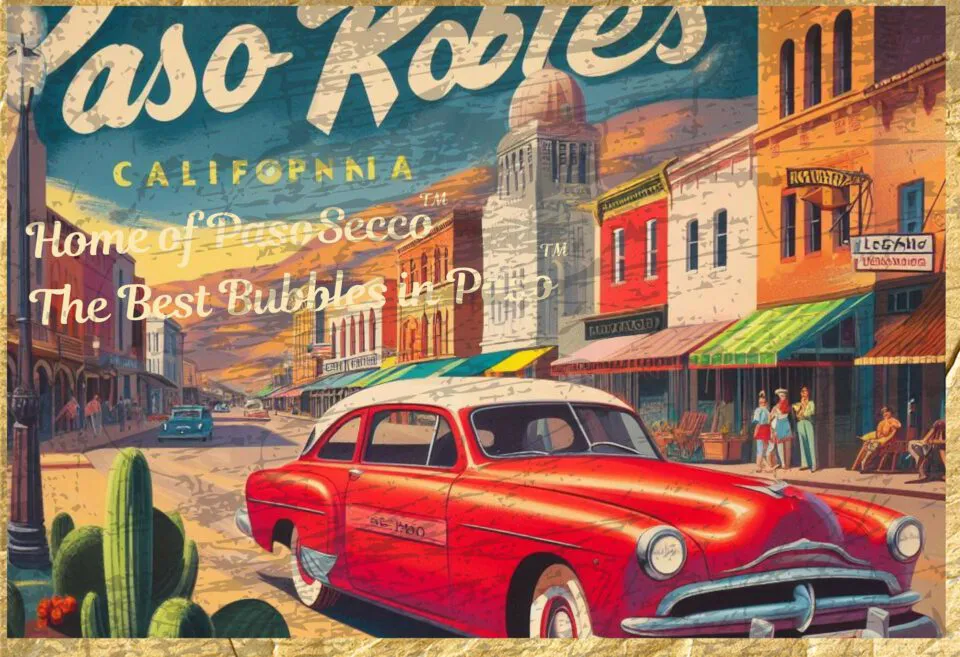 Postcard with vintage scene of Paso Robles that says home of PasoSecco, the best bubbles in Paso