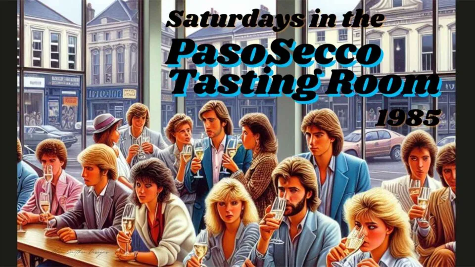Postcard image showing numerous people in the PasoSecco tasting room